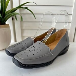 Hotter Topaz Gray Leather Slip‎ On Loafers Comfort Shoes Lasercut Womens US 9.5